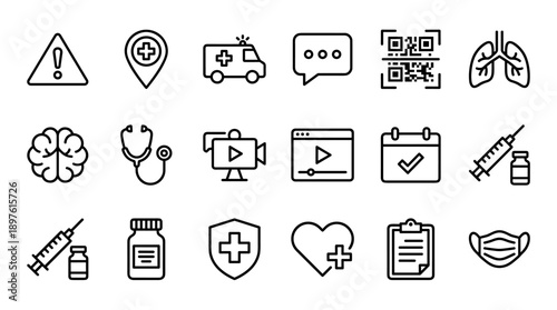 Comprehensive set of 18 healthcare and telemedicine line icons including vaccination syringe, ambulance, lungs, brain, stethoscope, face mask, medical shield, and digital health consultation.