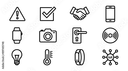 Comprehensive Set of 12 Internet of Things (IoT) and Smart Home Line Icons Featuring Smartwatch, Camera, Door Lock, Light Bulb, Thermometer, Smartphone, and Connectivity Symbols for Tech Design
