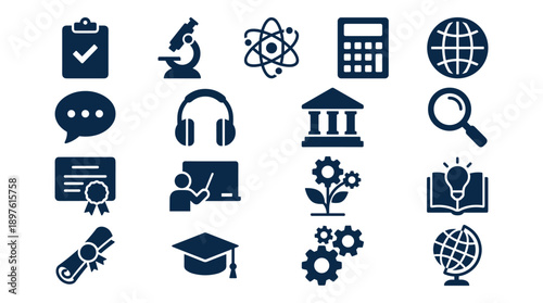 Comprehensive vector icon set of 16 education and STEM learning symbols including microscope, atom, calculator, globe, graduation cap, diploma, teacher, and gears for e-learning and school design.