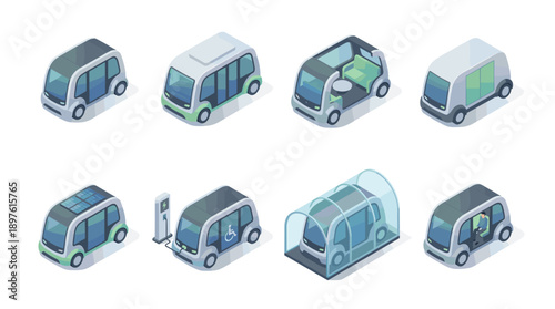 Isometric Vector Icon Set of Autonomous Electric Taxi Pods and Self-Driving Shuttles for Smart City Transportation, Featuring Charging Station, Solar Panels, Wheelchair Access, and Cargo Delivery.