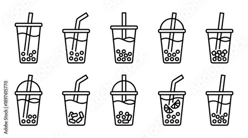 Minimalist Line Art Bubble Tea Icon Set Featuring Ten Unique Boba Cup Designs with Straws, Tapioca Pearls, Ice Cubes, and Fruit Slices in a Clean Black and White Grid Layout for Graphic Design