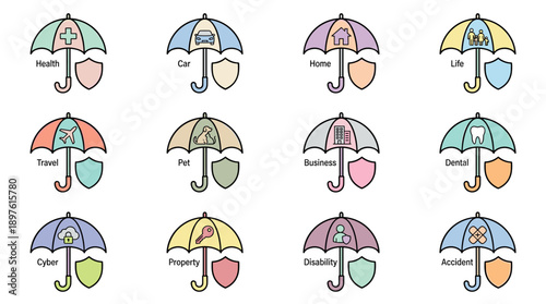 Comprehensive Vector Icon Set of Insurance Coverage Types with Umbrellas and Shields in Pastel Colors, Including Health, Car, Home, Life, Travel, Pet, Business, Dental, Cyber, Property, and Accident.