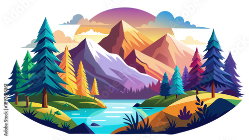 Very beautiful peaceful wilderness illustration on a white background created with clean lines for modern nature-themed apparel.
