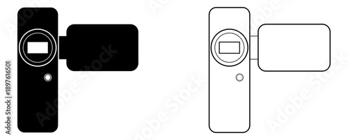 Ilustración de Filmadora digital pequeña antigua. Icono retro en blanco y negro. Vector con estilo minimalista para sitio web, app, folleto, diseño gráficos y otros.