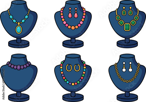A collection of colorful jewelry sets displayed on blue mannequin busts