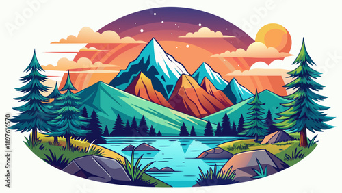 Very beautiful peaceful wilderness illustration on a white background created with clean lines for modern nature-themed apparel.
