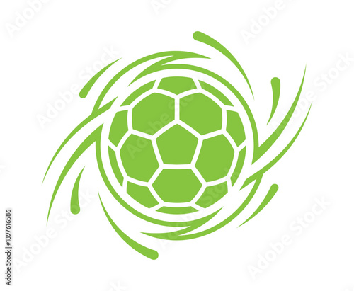 A green soccer ball logo with swirling motion lines on a white background