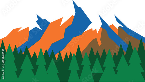 A vibrant illustration of a mountain range with pine trees in the foreground
