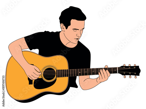 A young man playing an acoustic guitar with focus and passion