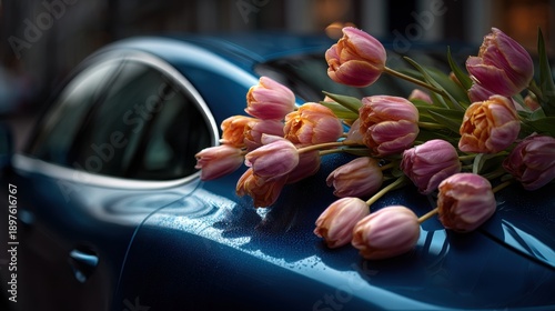 Celebration of women's day with flowers placed on a car on March 8