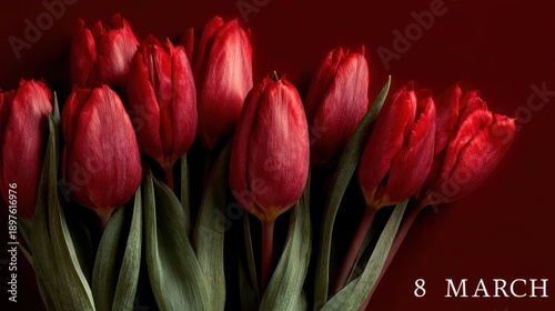 Red tulips arranged for International Women's Day celebration on March 8
