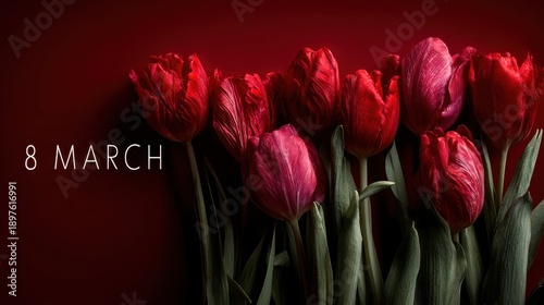 Celebrating women's day on March 8 with red tulips and spring flowers