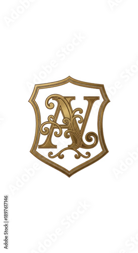 Ornate gold shield emblem with decorative letter A design asset for branding and heraldry concepts.