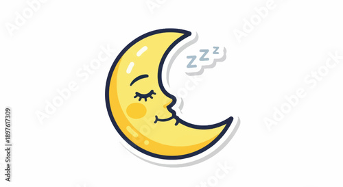 Sleepy yellow cartoon crescent moon resting with zzz in night sky illustration.