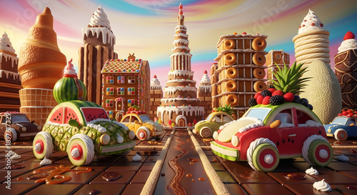 Whimsical dessert cityscape with cake buildings, chocolate roads, and fruit-decorated cars in colorful fantasy world