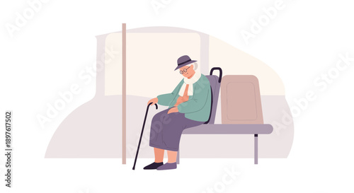 Elderly Passenger Resting On Transit Seat With Cane Awaiting Journey Completion