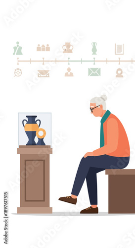 Elderly Woman Contemplates Ancient Artifacts In Museum Setting With Timeline Overhead