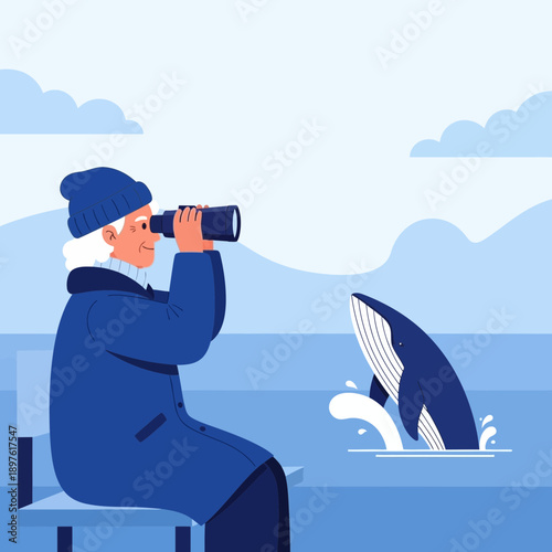 Elderly Person Observing Whale Breach With Binoculars At Sea