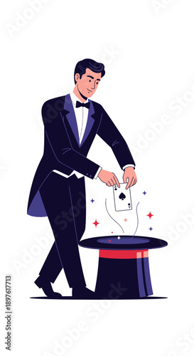 Elegant Magician Performing Astonishing Card Trick From Top Hat With Sparkles