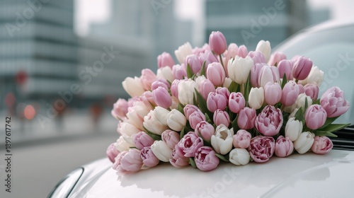 Celebrating women's day with flowers on March 8 in a city setting