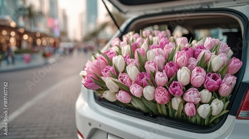 Women celebrate International Women's Day by buying flowers in the city on March 8