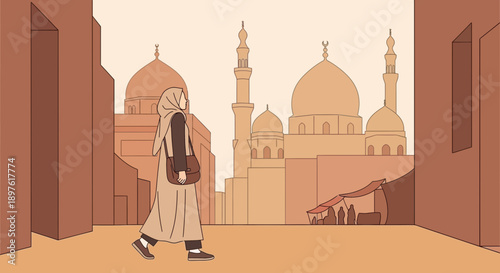 Elegant Muslim Woman Strolling Through Ancient Cityscape With Mosque Architecture
