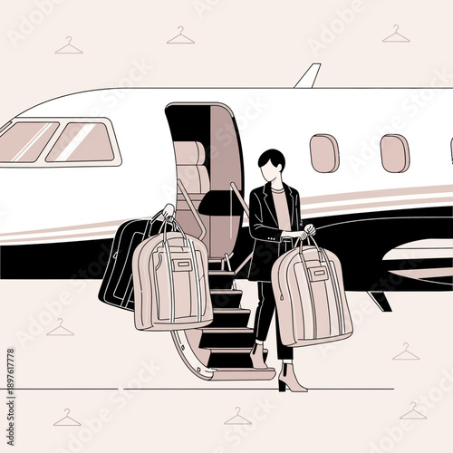 Elegant Traveler Disembarking Luxury Private Jet With Designer Luggage