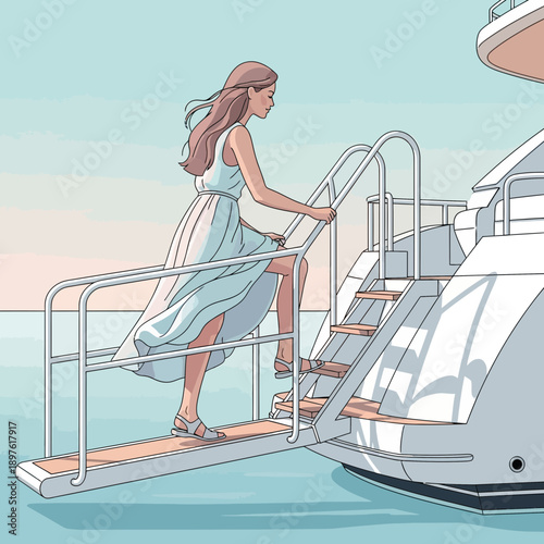 Elegant Woman Boards Luxury Yacht Ascending Steps Gracefully Seaside
