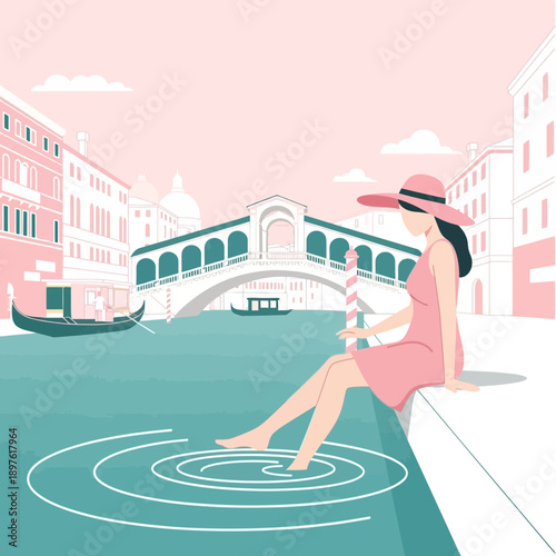 Elegant Woman Enjoys Venetian Canal View From Bridge Edge Serene