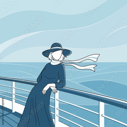 Elegant Woman On A Ship Deck Gazing At The Expansive Ocean
