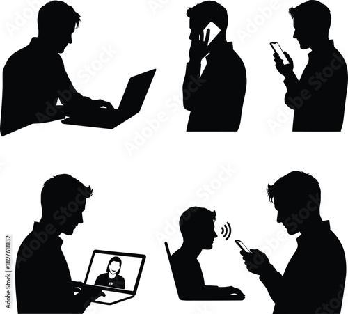 Silhouetted people interacting with technology in various settings and modes of communication