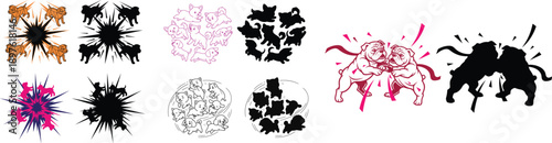 Dynamic Charging Bulls & Abstract Energy Splatter Vector Illustrations: Power, Conflict, and Impact Design Elements