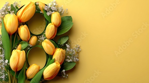 Celebrating women's day on March 8 with yellow tulips and flowers arranged nicely
