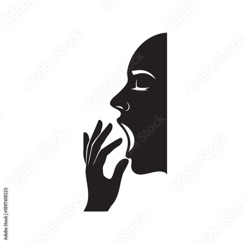 Silhouette of woman smelling flower isolated on transparent background