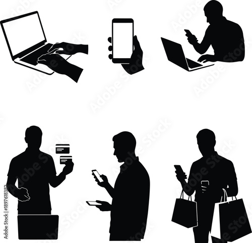 Silhouettes of people using devices and shopping