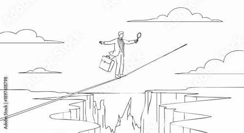 Businessman balancing on tightrope over chasm, holding magnifying glass and briefcase, vector line art illustration