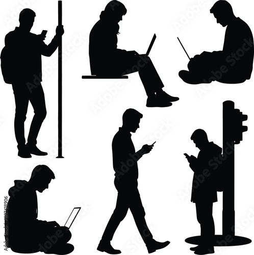 People using devices in various poses and locations