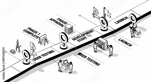 Product development timeline vector illustration with isometric people, user testing, phase approval, and launch stages, isolated on white