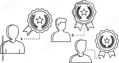 Vector line art illustration of people sharing and receiving achievement badges, reward system, recognition, isolated on white