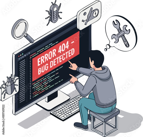 Isometric vector illustration of programmer fixing error 404 bug detected on computer screen, software development, debugging, system maintenance isolated on white