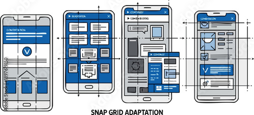 Vector illustration of mobile UI UX design with snap grid adaptation for responsive app layout, blue and gray scheme