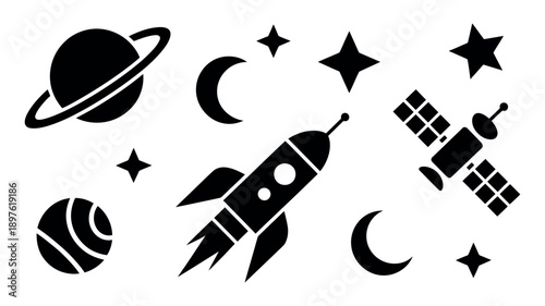 A black and white illustration of a rocket ship flying through space with planets, stars, and moons.