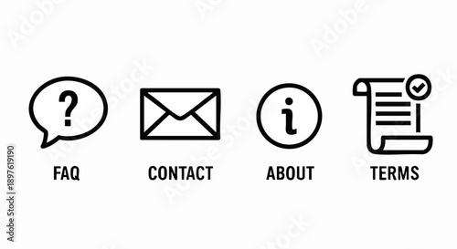 Vector line icons: FAQ question mark, contact email, about info, and terms document with checkmark, isolated on white