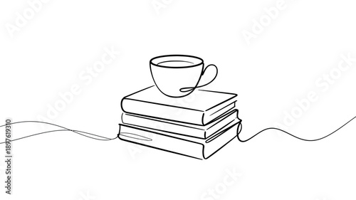 A simple line drawing of a cup of coffee on top of a stack of books