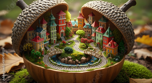 Whimsical miniature village inside acorn shell with colorful houses, park, and railway on mossy forest floor