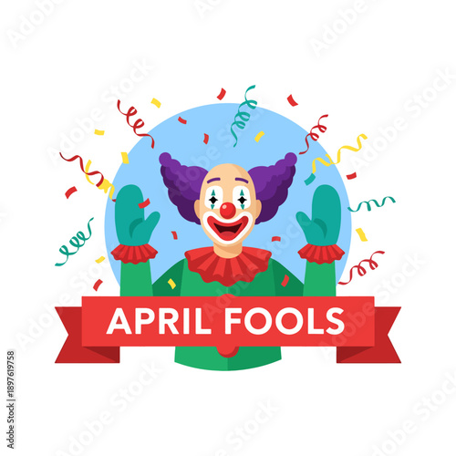 April Fools Day Celebration with Happy Clown Character and Confetti