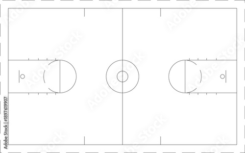 Technical vector illustration of a basketball court floor plan, featuring precise line markings for professional sports facility design