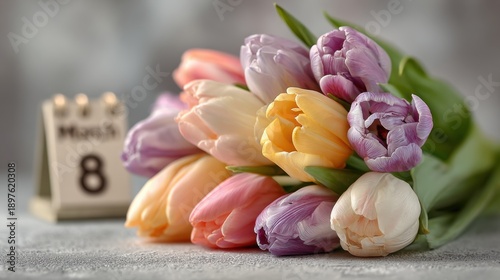 Flowers and calendar on March 8 show colors and arrangement with tulips
