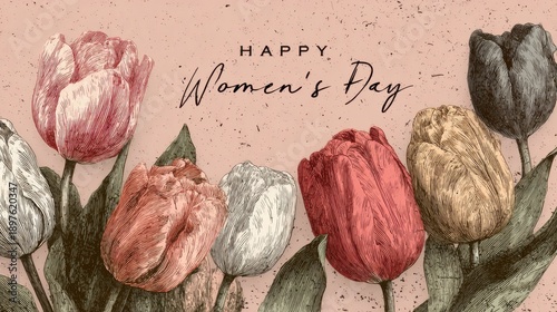 Happy Women's Day celebration with colorful tulip flowers on a soft background