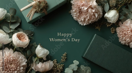Celebration of Women's Day with gifts and flowers on a green background